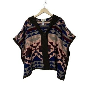 Boutique XXI‎ Aztec Southwestern hooded Poncho Cardigan Sweater Cape Boho OS